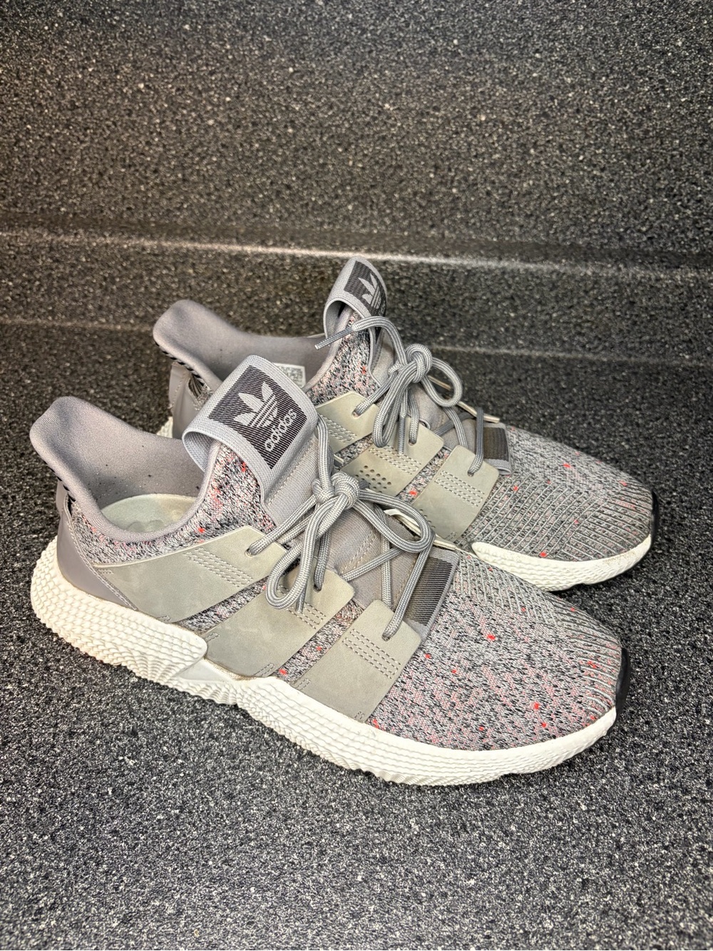 adidas Grey Knit Sneakers with Pink Speckle Accents